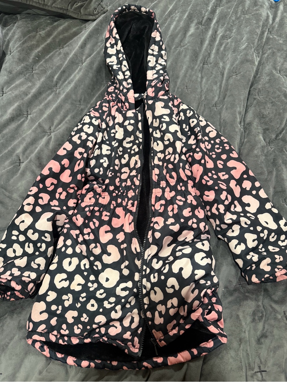 Penelope Mack Black Hooded Puffer Jacket with Pink & Cream Leopard Print